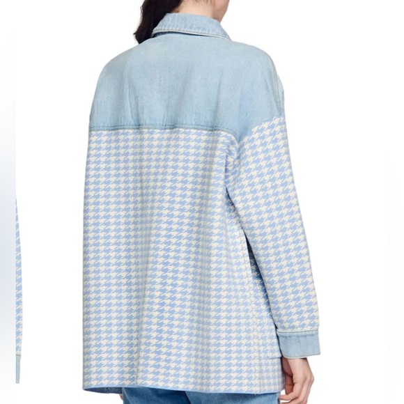 ⭐️SANDRO Houndstooth denim-paneled stretch-knit shirt jacket—GORGEOUS!! Size 2 - Picture 2 of 13